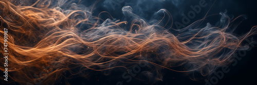 Close-up image revealing the intricate dance of smoke tendrils in hues of copper and bronze against a canvas of midnight blue. photo