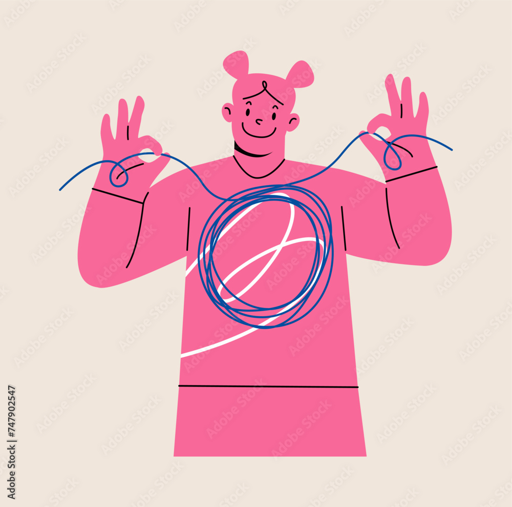 Problem solving concept. Woman holding strings a thread from complex to simple. Colorful vector illustration