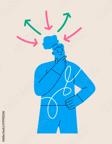Sad woman confused with arrows, direction with alternative path decisions. Colorful vector illustration