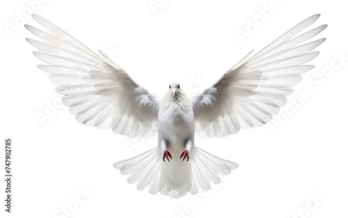 A white dove is spreading its wings wide open  displaying its feathers elegantly. The dove is standing gracefully  showcasing its beauty and symbolizing peace and freedom.