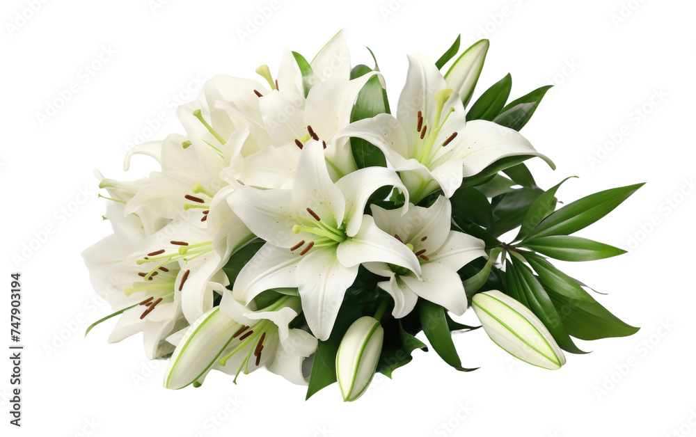 A bouquet of white flowers. The flowers are neatly arranged, showcasing their delicate petals and green stems. The simplicity of the white on white composition creates a sense of purity and elegance.