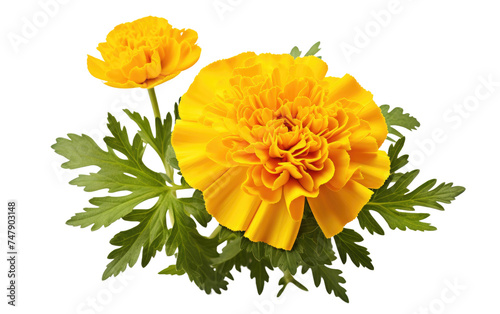 Two vibrant yellow flowers with delicate green leaves. The flowers stand out with their bright color and detailed petals, contrasting beautifully with the simplicity of the backdrop.