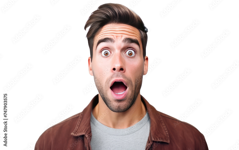 Displaying Surprise Expression. A man with a shocked and amazed facial expression, his eyes widened and mouth slightly open in astonishment.