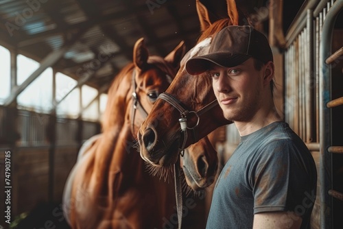 Handsome man in leather jacket posing with his horse at a rustic stable © Georgii