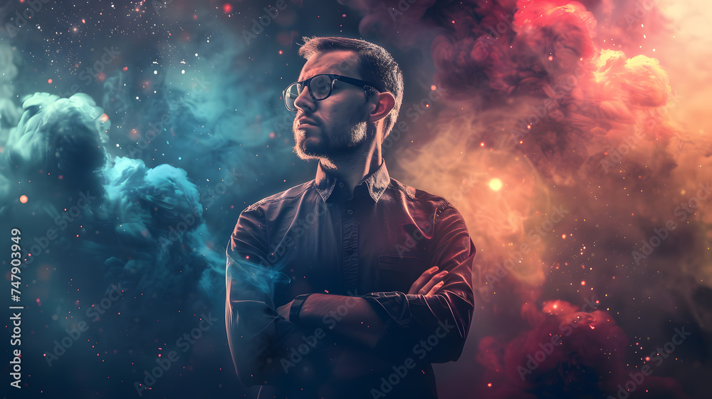 Portrait of a bearded hipster man in glasses and a shirt over colorful smoke background.