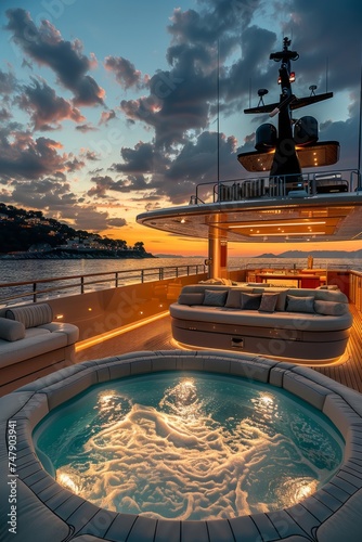 Professional Photography of a Multi-Level Luxury Yacht Showcasing its Lavish Interior Design And Amenities,Generative AI