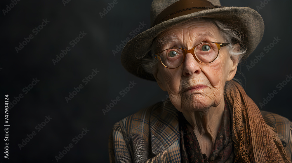 Portrait of an elderly woman in a hat and glasses on a dark background Portrait of an elderly woman in a hat and glasses on a dark background
