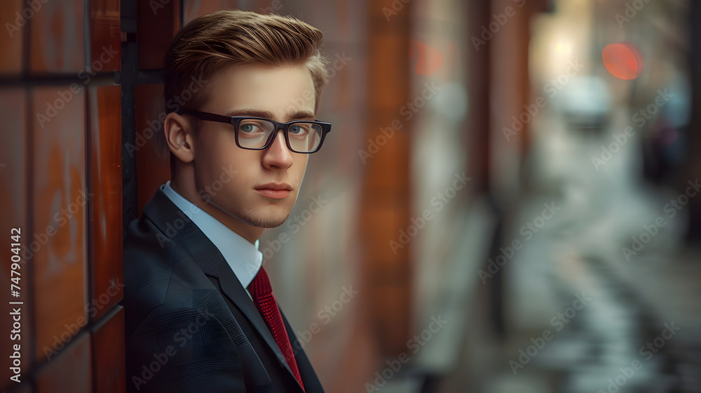 Confident businessman in a suit smiles while standing on a city street Confident businessman in a suit smiles while standing on a city street