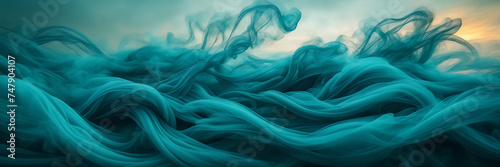 Abstract composition featuring sinuous ribbons of smoke in shades of turquoise and teal against a backdrop of twilight clouds.