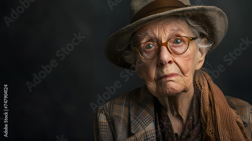Portrait of an elderly woman in a hat and glasses on a dark background