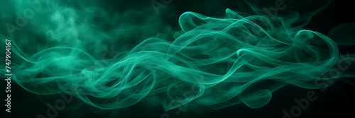 Abstract composition featuring intertwining ribbons of smoke in shades of emerald and jade against a backdrop of moonlit mist.