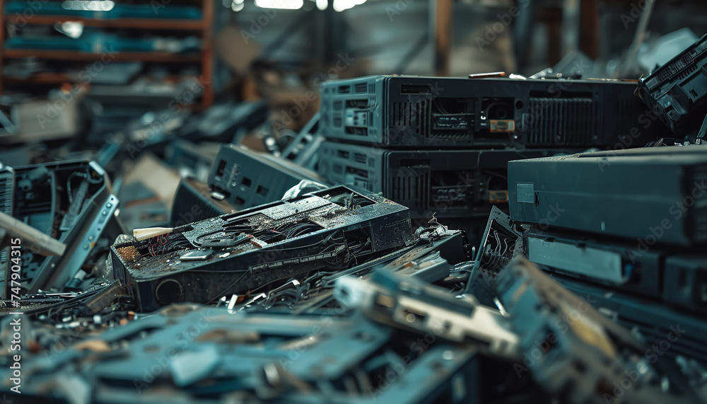 Pile of broken electronics at a waste facility waiting to be recycled