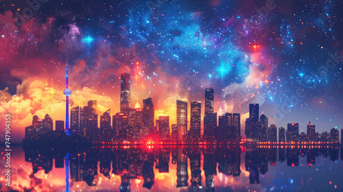 Illustration of a perfect reflection of a night city with skyscrapers under the Milky Way with a background in yellow, blue and red tones. Urban lifestyle full of bright lights and tall structures