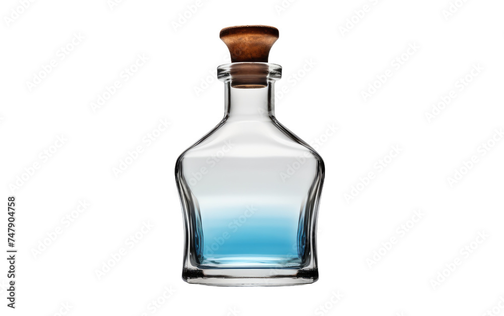 A clear glass bottle with a wooden stopper sits on a white surface. The stopper is securely inserted into the neck of the bottle, creating a tight seal. The bottle is empty. A clear glass bottle with a wooden stopper sits on a white surface. The stopper is securely inserted into the neck of the bottle, creating a tight seal. The bottle is empty.