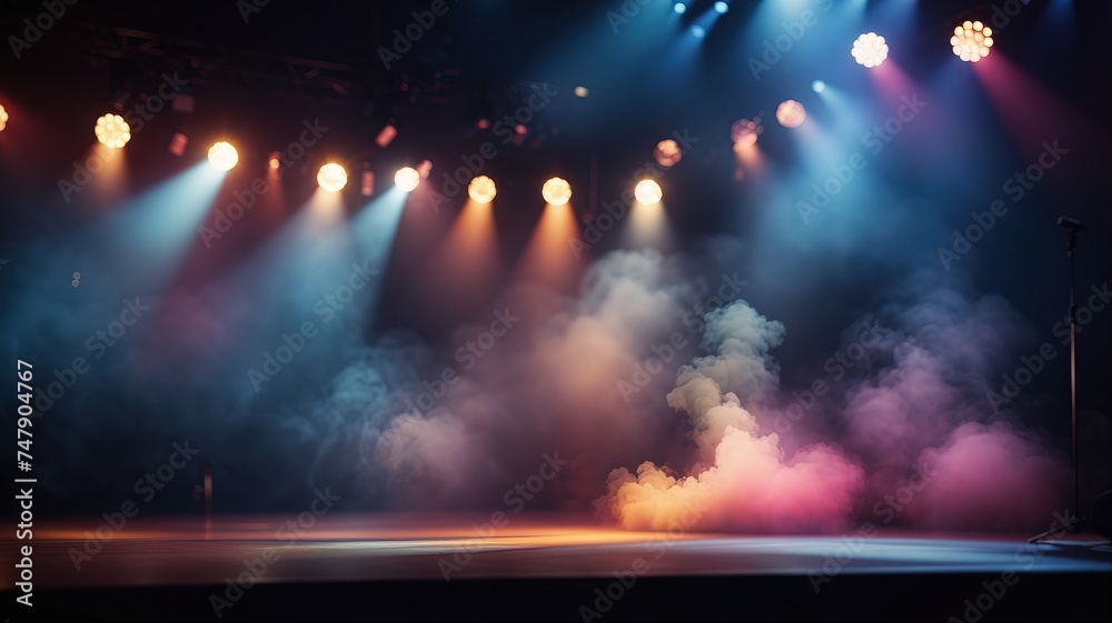 Stage light with colored spotlights and smoke