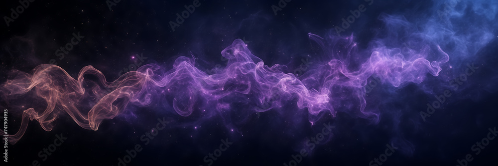 Photograph showcasing the hypnotic movements of smoke tendrils in hues of amethyst and sapphire against a backdrop of starry skies. - obrazy, fototapety, plakaty 