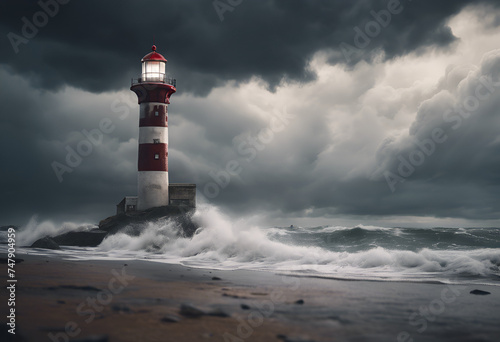 old lighthouse on the ocean during a storm