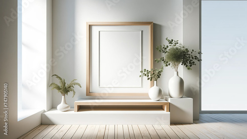frame mockup showcasing a vertical poster art mockup within wooden frame