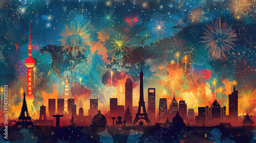 Architectural structures representative of different cities in the world under a sky with fireworks on a night background with a world map. Concept of festival, celebration, party, entertainment.