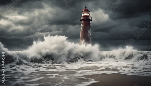 lighthouse on the shore of the sea when was be storme at night