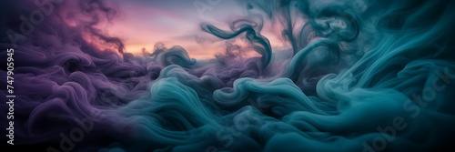 Photograph capturing the mesmerizing swirls of smoke in shades of teal and plum against a backdrop of twilight.