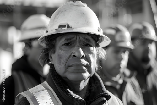 Old female construction worker black and white portrait, world labor day concept
