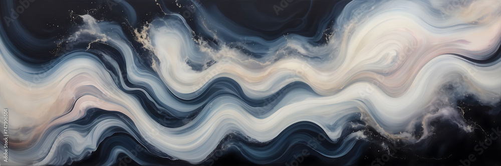 Abstract depiction of swirling smoke trails in hues of pearl and opal against a canvas of midnight velvet. - obrazy, fototapety, plakaty 