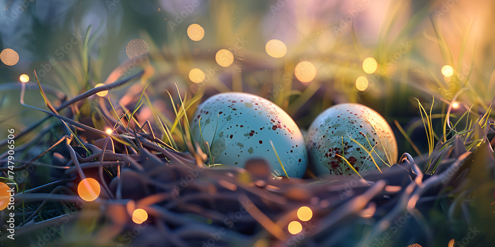 Happy Easter background concept with easter eggs in nest and spring ...