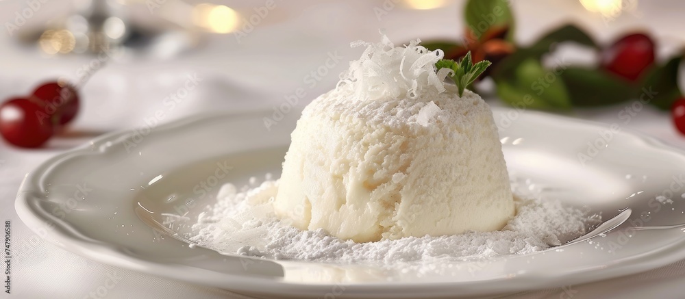 A white plate is elegantly topped with a single scoop of creamy vanilla ice cream, creating a simple yet delicious dessert treat. A white plate is elegantly topped with a single scoop of creamy vanilla ice cream, creating a simple yet delicious dessert treat.