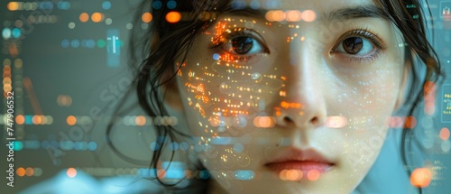 An Asian Female Startup Entrepreneur Working on a Computer and Projecting Lines of Code on Her Face. Software Developer Working on an Innovative e-Commerce App Using AI and Big Data.
