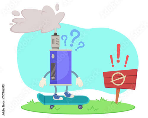 E-cigarette cartoon character stopping before wooden sign with forbidden circle. Vector illustration. Question and exclamation marks. Youth vaping ban concept