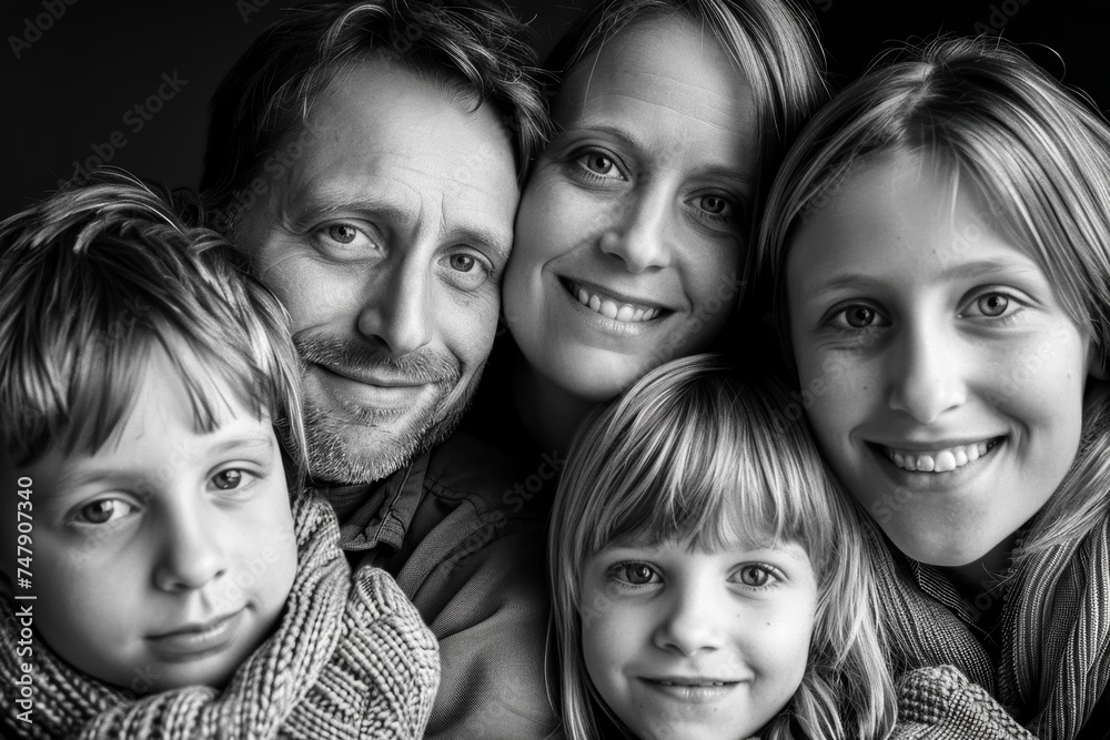 A timeless black and white photo capturing the close-knit bond of a nuclear family in a group embrace A timeless black and white photo capturing the close-knit bond of a nuclear family in a group embrace
