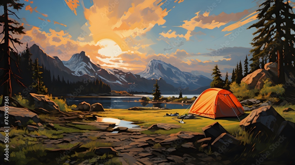 An Idyllic Camping Scene with Sunlit Peaks, Reflective Waters, and Tranquil Coniferous Surroundings