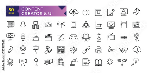 content creation, media. Linear icon collection. Minimalist thin linear web icons bundle. vector illustration.