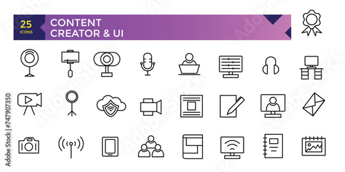 content creation, media. Linear icon collection. Minimalist thin linear web icons bundle. vector illustration.