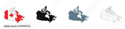 Canada map and flag design vector icon set. Black Outline vector Map of Canada with regions EPS 10