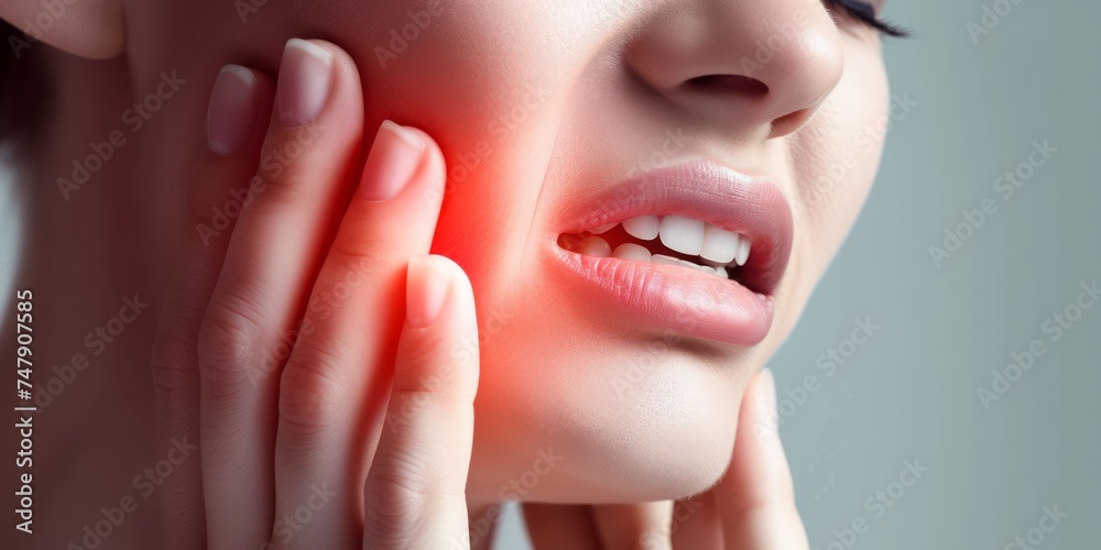 Obraz premium Woman Suffering From Toothache, Pain and Sensitive Tooth. Dental illness Symbolizing of Dental Care, Tooth Decay