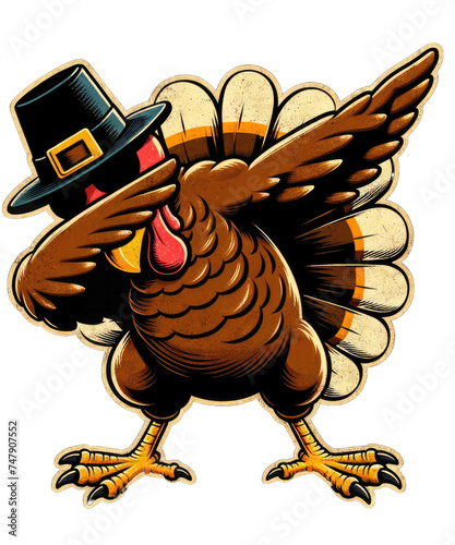 Thanksgiving Cool Turkey Dabbing Pose Clipart, Cartoon Turkey with Pilgrim Hat, PNG Transparent Background