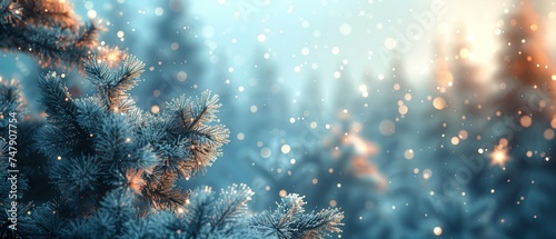 Snowflake Abstract with Fir Tree in Winter Landscape Background