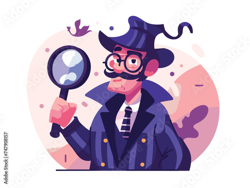 A cartoon detective in a violet costume hat, holding a magnifying glass with a magnifying gesture. His tie is magenta, and his font is sleek. Art at its finest