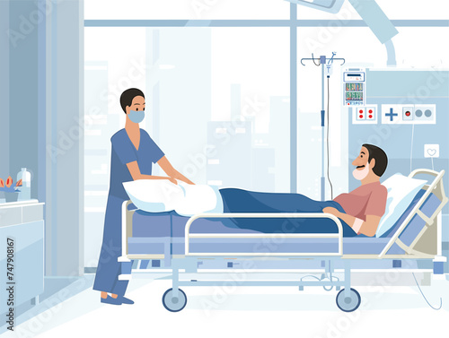 A nurse is by the patients side in the hospital, ensuring comfort and providing medical care. The patient lies in bed, maybe feeling tired but receiving good medical service