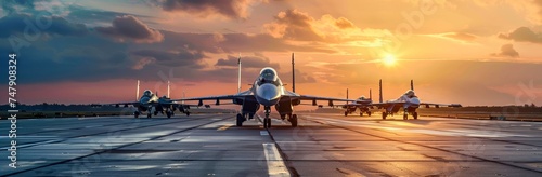 Fighter jets are lined up on an airstrip against a beautiful sunset, ready for a mission or exercise