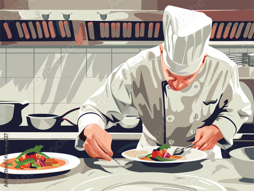 A chef in a kitchen is assembling a dish, carefully placing ingredients on a plate with tableware, following a recipe to create a delicious cuisine