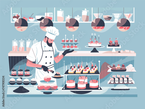A pastry chef is creating desserts at a bakery, using various tools and ingredients like water, hats, and art to craft delicious products for customers