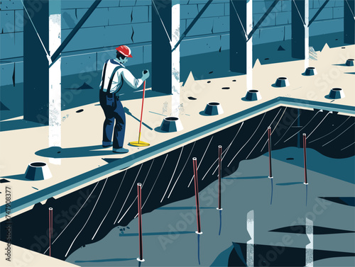 A man is leisurely cleaning a pool with a mop by the buildings facade. The roof casts a shade while a fence and helmet are nearby