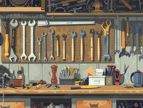 A collection of tools, including wood and metal working machines, hang on the wall in a garage. Some are coated in varnish, adding an artistic facade to the engineering and household hardware photo
