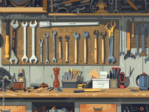 A collection of tools, including wood and metal working machines, hang on the wall in a garage. Some are coated in varnish, adding an artistic facade to the engineering and household hardware