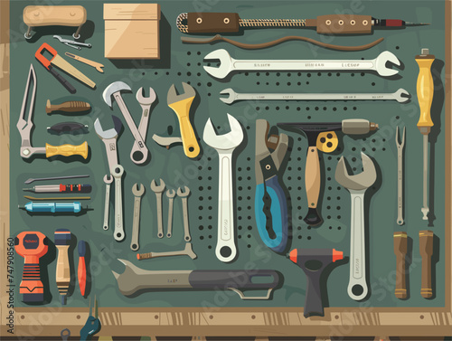 Various engineering tools of metal and auto parts are neatly hung on a rectangular electric blue wall, resembling a pattern. The toolbox also includes gun accessories