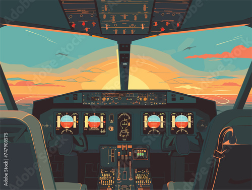 The cockpit of an aircraft with flight instruments against a beautiful sunset in the sky. A mesmerizing view of air travel and aviation in action