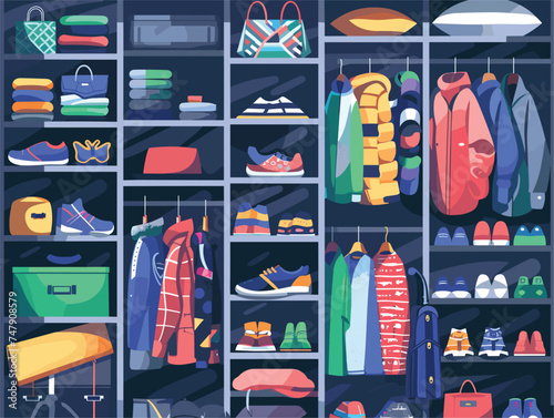 The room features shelving filled with a collection of clothes, shoes, bags, and a stool. The electric blue stool contrasts with the machine and rectangular shapes in the room